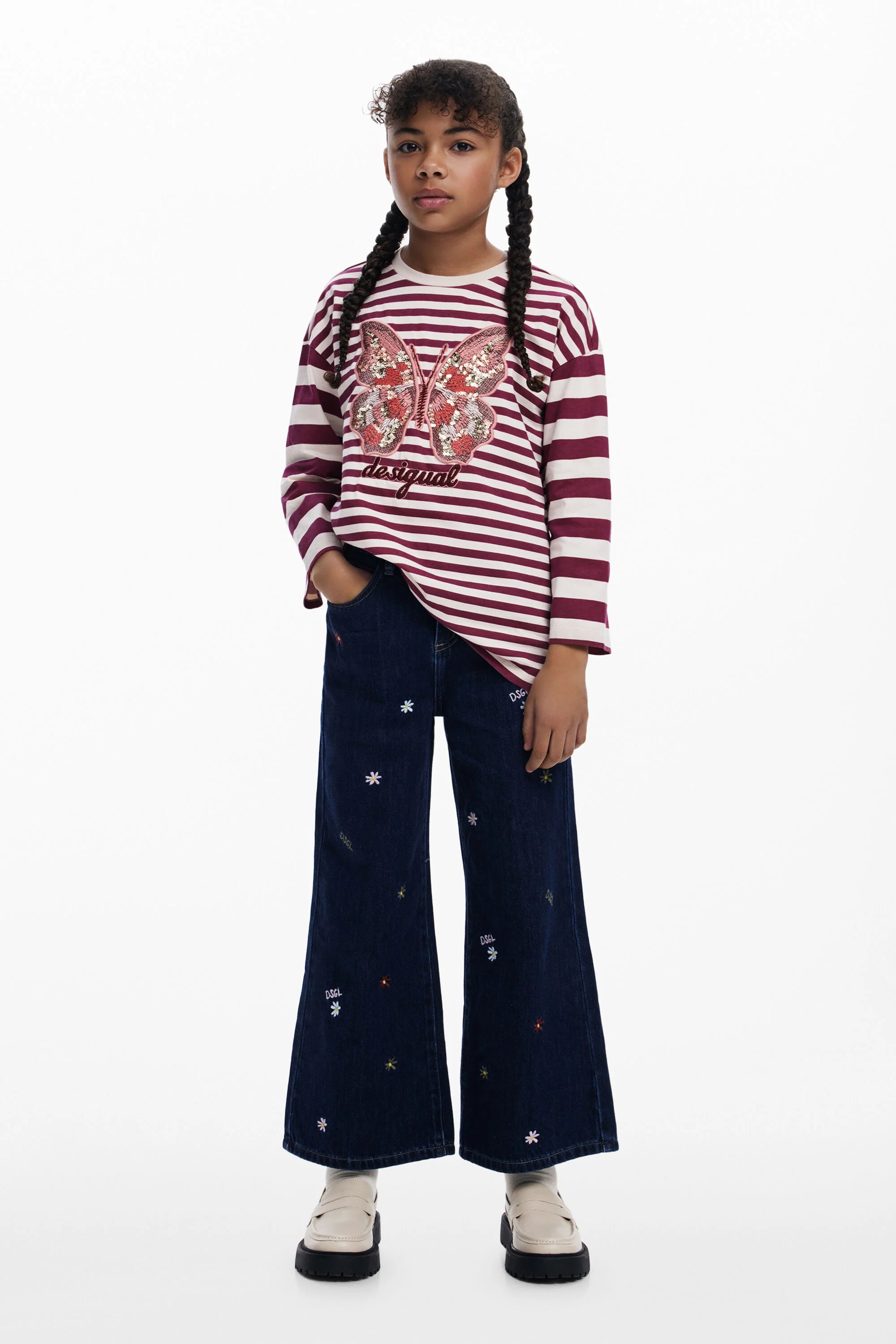 DESIGUAL. Camiseta rayas mariposa cuentas.